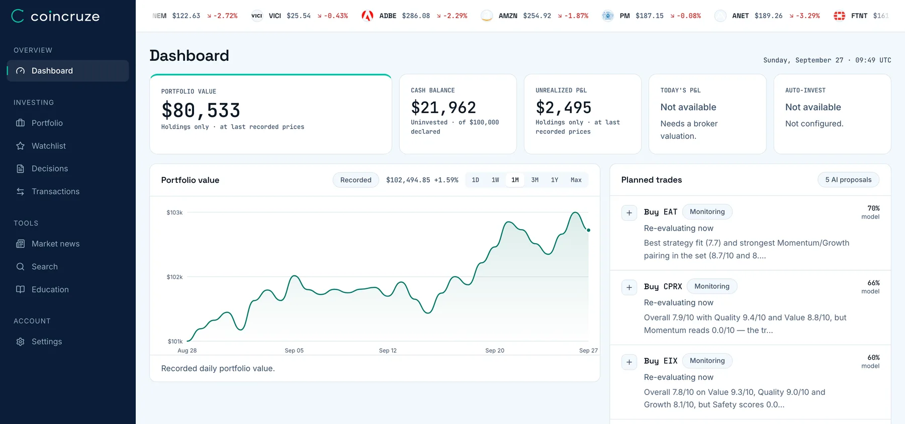The Coincruze dashboard: portfolio value, cash balance, unrealized P&L and a recorded portfolio-value chart, shown on an illustrative example account.